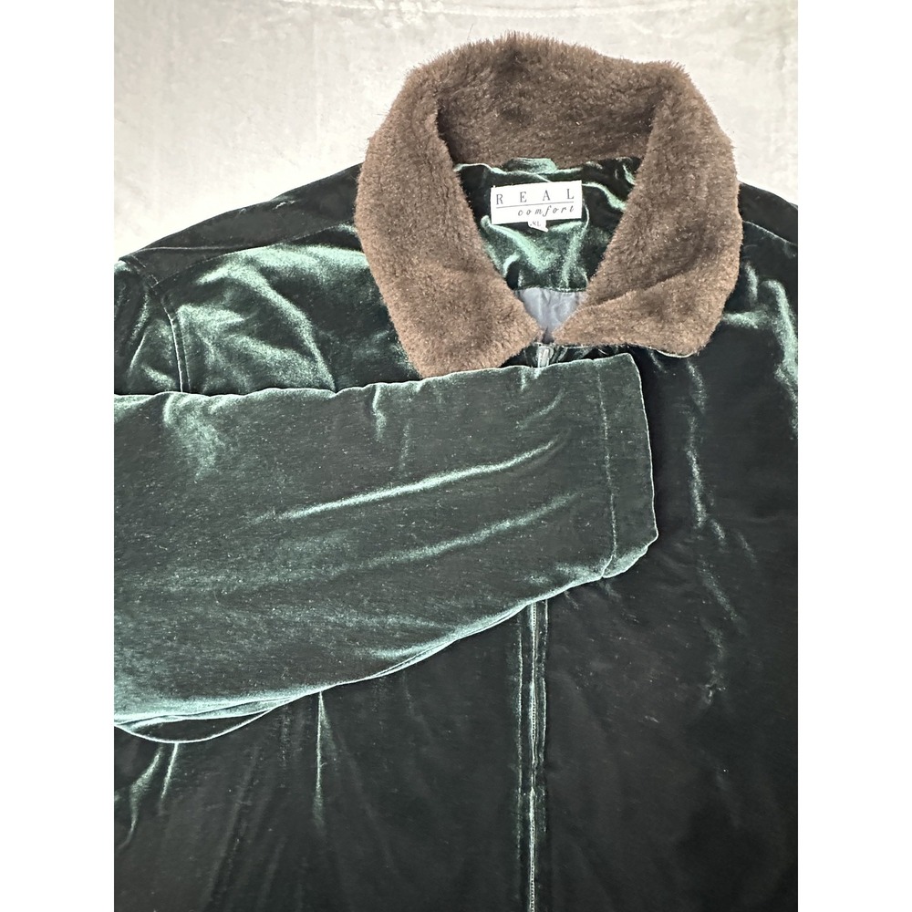 Vintage Real Comfort Jacket Womens XL Green Velvet Fur Collar Zip Lined